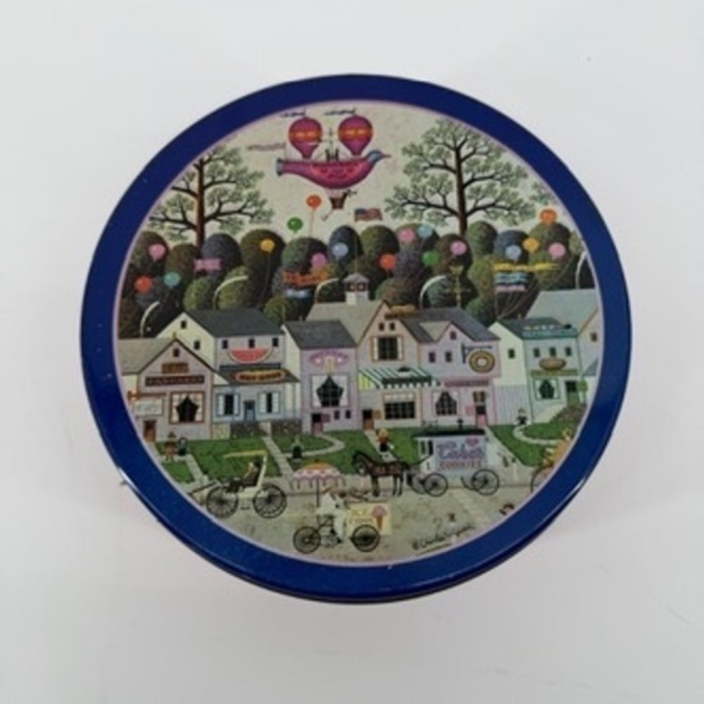Vintage 1991 Charles Wysocki Confection Street Round Tin Pink Blue Folk Art 7in
